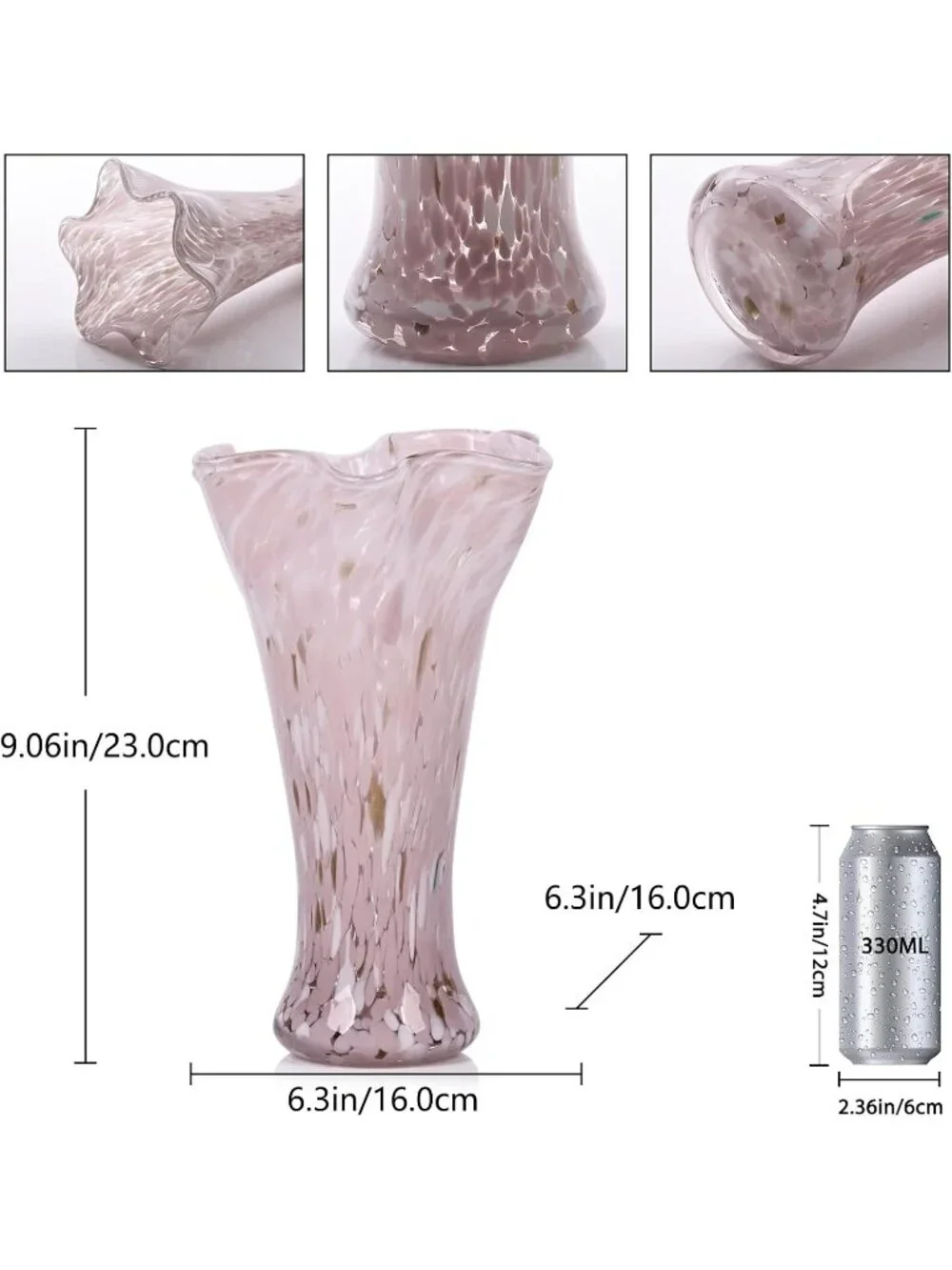 9.0 Pink Glass Vases For Flower Bouquet Unique Hand Blown Wide Mouth Shelf Deco